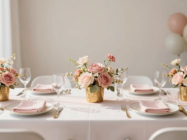 Elegant princess birthday party tablescape with soft pinks and golds, floral accents, natural light, clean composition, soft shadows