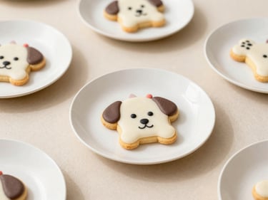 Cute puppy themed birthday party with paw print plates, dog bone cookies, natural light, clean composition, soft shadows