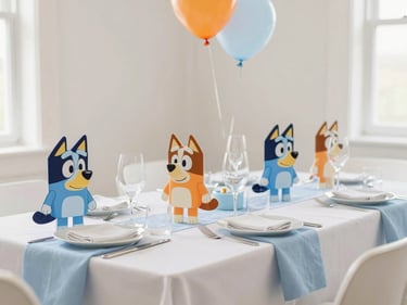 Bluey themed birthday party tablescape with bright blue and orange decorations, natural light, clean composition, soft shadows