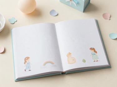 Overhead shot of an open storybook with pastel illustrations, surrounded by delicate baby shower decorations, soft natural light.