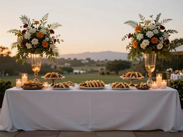 Wide environmental shot of an elegant wedding reception taco station at golden hour, tall floral arrangements flanking a draped serving counter, warm candlelight catching the platters of finished tacos