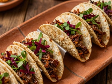 Overhead close-up of a festive holiday taco spread, deep red and green garnishes across a row of assembled tacos on terracotta serving tiles, warm tungsten light casting soft shadows