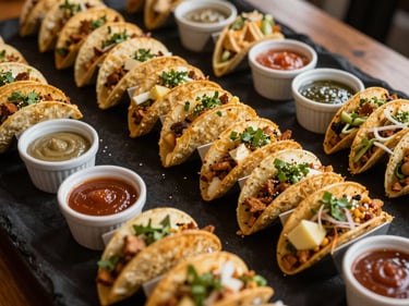 Close-up overhead of a corporate breakfast taco spread on a long serving table, warm even light, individually wrapped portions and sauce ramekins precisely arranged, black linen underneath