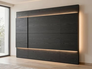 Bespoke TV backdrop with charcoal wood panels and integrated lighting, warm sand tones.