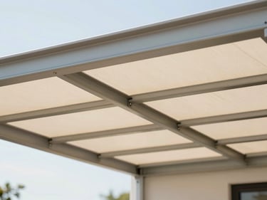 Clean outdoor canopy installation, structural steel frame, bright daylight.