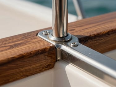 Macro shot of teak and stainless steel joinery inside a boat cabin, natural north-facing light, grain and texture visible, no people, documentary stillness