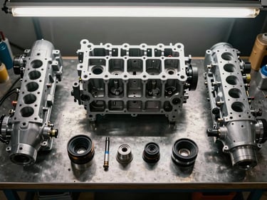 Overhead view of an outboard engine block disassembled on a metal workbench, components laid out in order, workshop lighting from above, no people