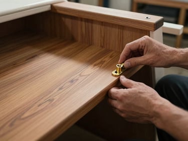 Hands fitting a teak panel into a boat cabin interior, grain visible under cool workshop light, brass fitting resting on the surface nearby, no faces