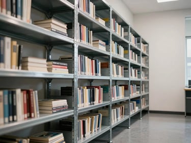 Wide panoramic of a tall steel shelving unit in a commercial office space, daylit, shelves holding books and objects, the steel welds visible on vertical supports, clean geometric composition, empty wall space on right side