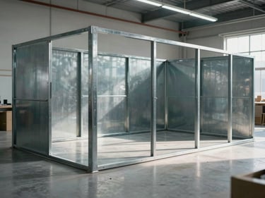 Wide panoramic of a steel room divider or architectural fixture in a commercial retail space, daylit, showing welded steel construction and spatial framing, minimalist setting, geometric composition, cool light