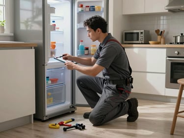 Technician kneeling beside an open refrigerator in a home kitchen, tools laid out on the floor, natural daylight from a window, wide shot showing the technician in the customer's space