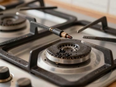 Close-up of a gas oven burner igniter and grate in a home kitchen, warm natural light, carbon residue visible around the igniter tip