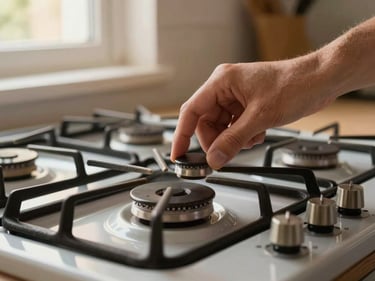 Close-up of hands adjusting a stove burner cap on a gas range in a home kitchen, warm window light from the left, focus on the burner grate and fingers