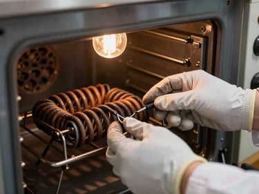 Technician's hands inspecting a burned oven heating element inside an open oven cavity, tungsten kitchen light, tight on the scorched coil and gloved hands