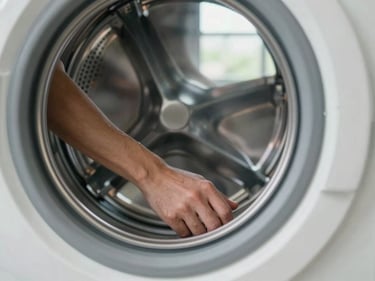 Technician's hands reaching inside a front-load washer drum in a laundry room, daylight from a nearby window, focus on the drum gasket and hands