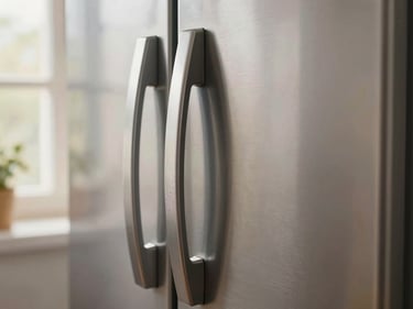 Close-up of a stainless steel refrigerator door handle and seal in a home kitchen, warm window light from the left, condensation visible on the gasket edge