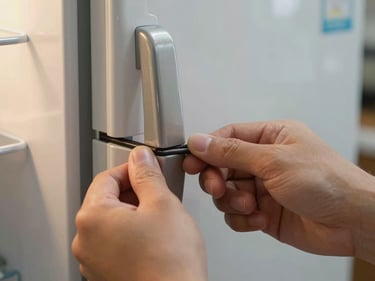 Close-up of hands pulling open a refrigerator door seal showing wear, warm tungsten kitchen light, tight framing on the gasket and technician's fingers