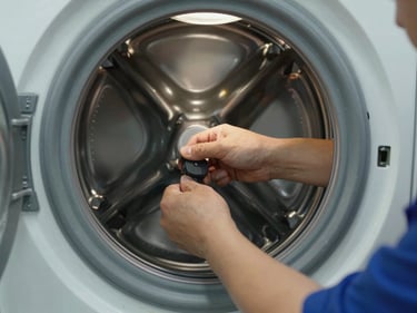 Technician's hands pulling out a washing machine drum in a laundry room, tungsten overhead light, rubber door seal visible with visible wear marks
