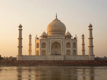The Taj Mahal viewed from an uncrowded vantage point across the Yamuna River, soft morning mist, warm low-angle golden hour sunlight