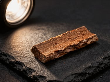 Macro close-up of a small raw oud wood chip on dark slate, warm amber studio strobe from the left casting a long shadow, grain and fibres sharply rendered, deep brown and black tones