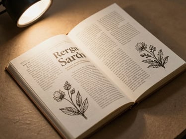 Overhead close-up of a handbound zine lying open on aged kraft paper, pages showing dense editorial typography and botanical ink illustrations, soft warm overhead lamp light, cream and burnt sienna tones
