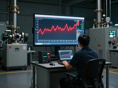Wide shot of a plant floor monitoring station at night, a single screen showing a red-highlighted alert line within a trend graph, operator seated with back to camera reviewing the readout, dim ambient light from surrounding machinery