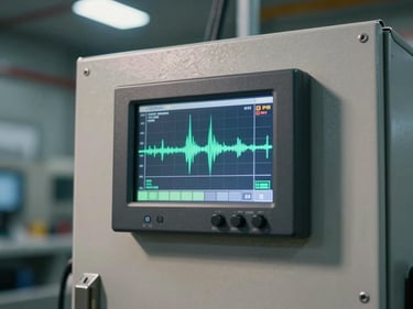 Close-up of a data acquisition unit panel showing real-time waveform readings on a small monochrome display, mounted on a steel cabinet wall inside a loud industrial plant, hard overhead light casting sharp instrument shadows