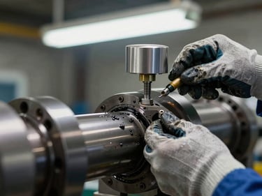 Extreme close-up of a vibration sensor being bolted onto a rotating shaft housing in a factory, technician's gloved hands tightening the mount, hard fluorescent workshop light, metal surface textured with grease and wear