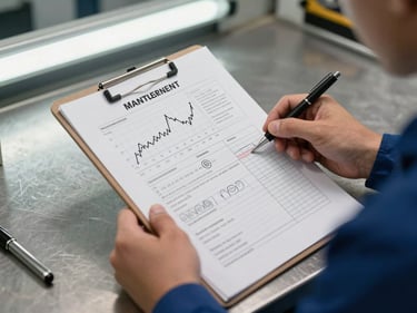 Technician's hands holding a printed maintenance report with annotated trend graphs and circled anomaly readings, resting on a metal workbench under fluorescent shop lighting, clipboard and pen visible beside the document