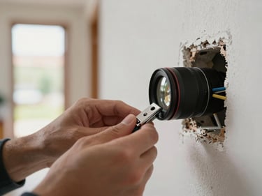 Close-up of hands routing electrical cables through a wall conduit, a cable organizer clip held between fingers, interior wall exposed with daylight from an open doorway in the background