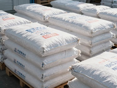 Stacked 50kg sugar sacks in an organized warehouse under bright daylight, white and branded packaging clearly visible in rows