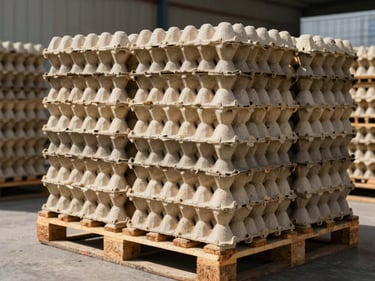 Bulk egg trays stacked on wooden pallets inside a clean distribution warehouse under bright daylight, organized and ready for loading