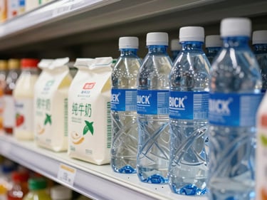 Close-up of packaged dairy and bottled mineral water products arranged on warehouse shelves, clean bright lighting, organized by SKU