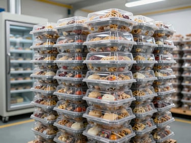 Frozen food cartons stacked in a cold storage facility, industrial refrigeration units visible in background, clean bright lighting