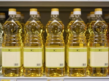 Close-up overhead shot of clear bottles of refined cooking oil arranged in organized rows on warehouse shelving, bright studio-clean lighting, labels facing forward