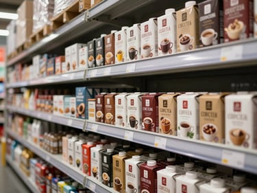 Organized shelves of coffee and tea cartons in a modern commodity warehouse, bright overhead lighting, clearly labeled boxes in rows