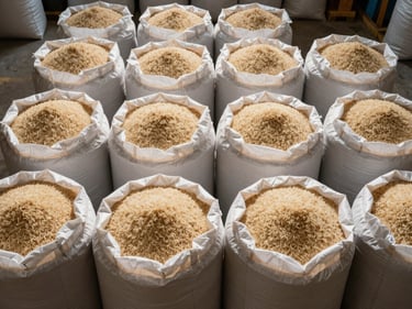Overhead shot of bulk rice in large storage bags arranged in neat rows on a warehouse floor under strong artificial lighting