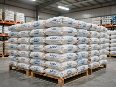 Rows of branded flour sacks on industrial shelving in a clean distribution facility, bright overhead lighting, clean concrete floor