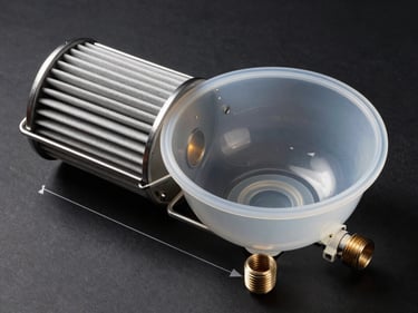Studio strobe flat-lay of an inline compressed air filter housing with bowl removed — stainless baffle, polycarbonate bowl, manual drain port, BSP threaded inlet and outlet marked, high-contrast top-down lighting showing port dimensions