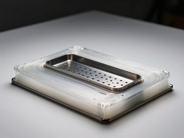 Studio strobe flat-lay of a coalescing filter element on a white surface — borosilicate glass fibre wrap, outer drainage layer, metal inner core with perforations visible, overhead lighting showing layered construction and OD measurement