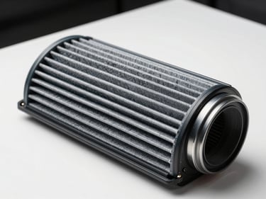 Studio strobe flat-lay of a pleated intake air filter element on a white surface — accordion-folded synthetic media, rubber gasket seal, open-cell end, high-contrast lighting showing filter media depth and OD dimensions clearly