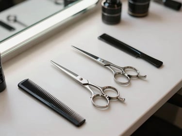 Overhead shot of a salon workstation, scissors and comb arranged on a clean white counter, soft natural light from a window to the left