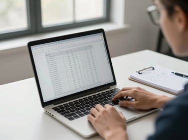 Environmental wide shot of a consultant's clean desk with a laptop showing a spreadsheet, natural light from a window, a notepad with handwritten figures visible to the right