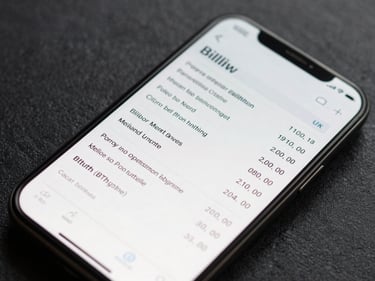 Extreme close-up overhead flat-lay of a UK mobile phone screen displaying a billing statement, bright even studio lighting, crisp technical detail, charcoal background