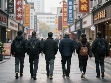 Wide street-level view of a Chinese commercial district, delegation group walking ahead seen from behind, signage and storefronts visible in natural daylight, documentary travel framing with environmental depth
