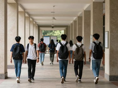 University corridor with genuine student activity, wide environmental shot showing architectural detail and natural daylight, students walking with bags, notice boards visible in background, documentary framing