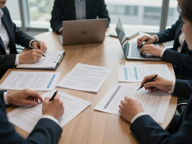 Overhead view of a boardroom table in active use, printed reports and open laptops visible, hands of participants gesturing over documents, overcast institutional light through large windows