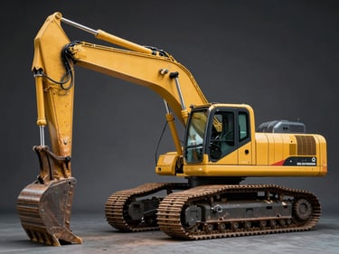 Profile shot of a heavy crawler excavator on tracks, clean studio lighting against a dark neutral background.