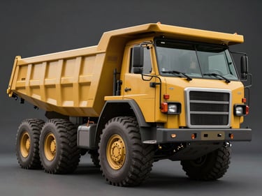 Profile shot of a massive off-road articulated dump truck, clean studio lighting against a dark neutral background.