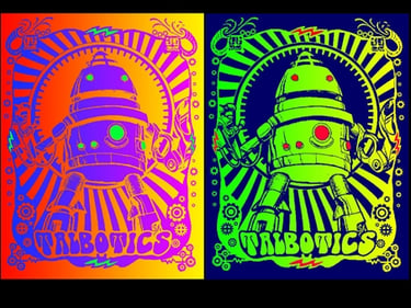 Talbotics robot logo on t-shirts in psychedelic colors.